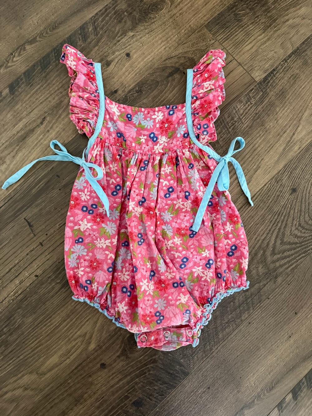 Pink Chicken Pink Floral Bubble Romper with Light Blue Trim